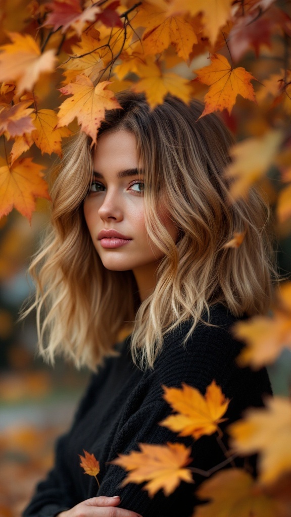 A woman with a textured lob and soft waves surrounded by autumn leaves.