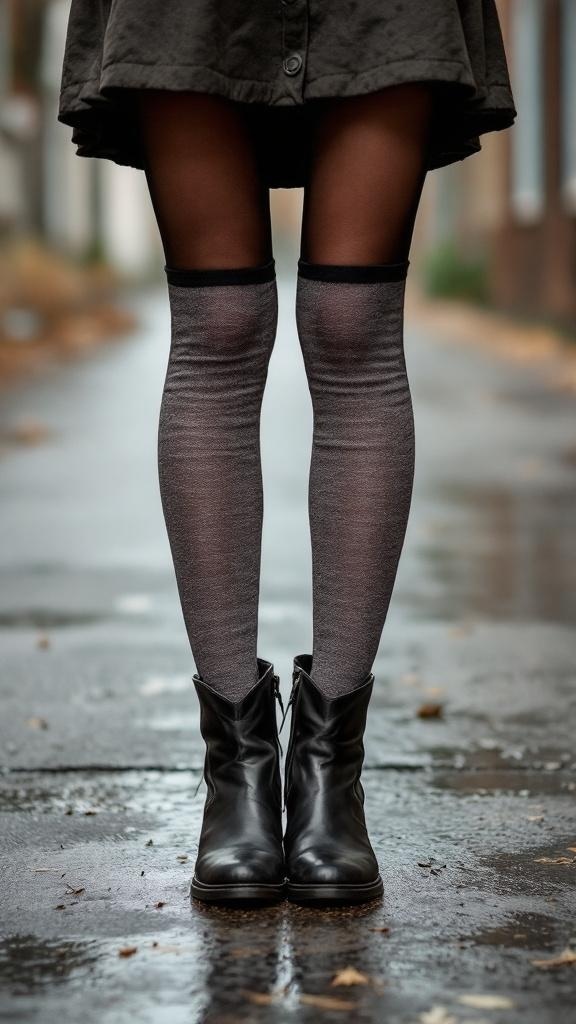 Close-up of legs wearing textured tights and black ankle boots, with a skirt.