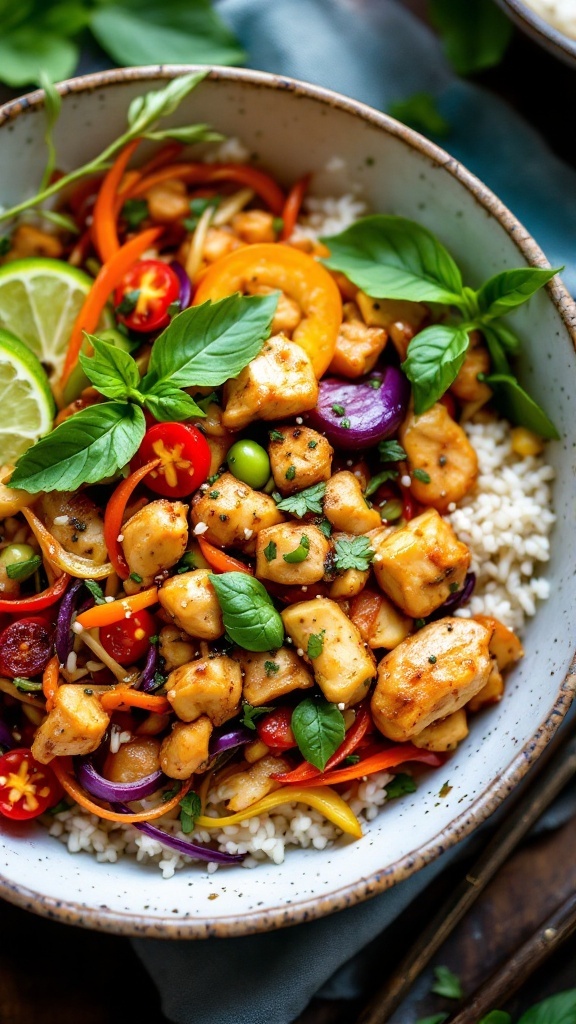 A bowl of Thai Basil Chicken Stir-Fry with colorful vegetables and fresh herbs.