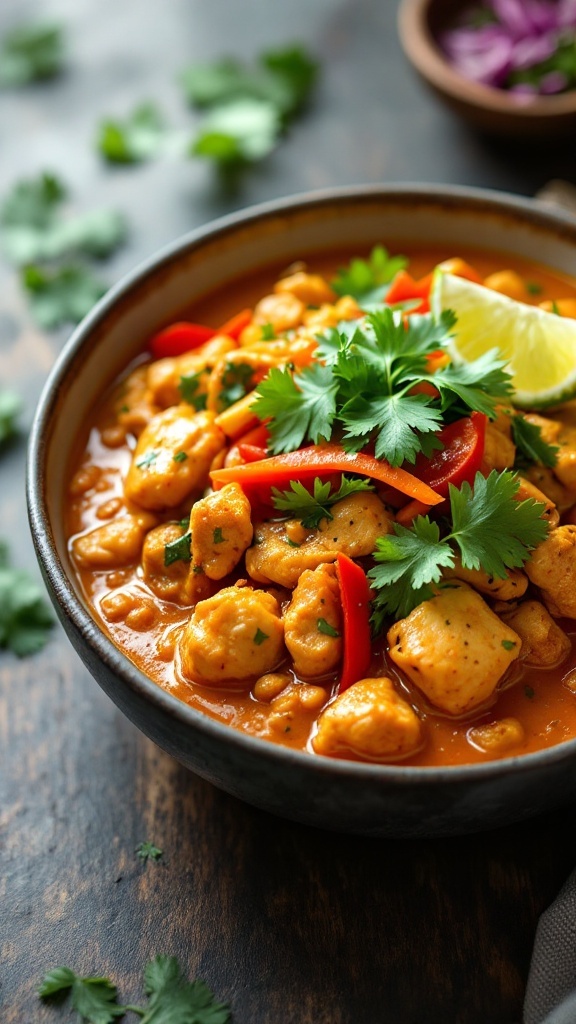 A bowl of Thai Coconut Curry Chicken topped with fresh cilantro and lime.