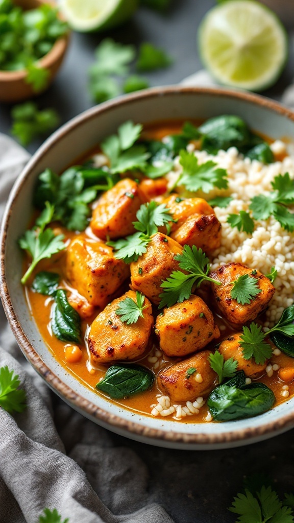 A bowl of Thai coconut curry chicken with spinach served over rice, garnished with cilantro.