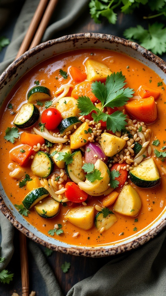 Bowl of Thai Coconut Curry with Zucchini and colorful vegetables