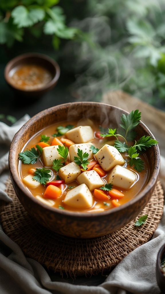 A warm bowl of Thai coconut soup with tofu, featuring colorful vegetables and fresh herbs.