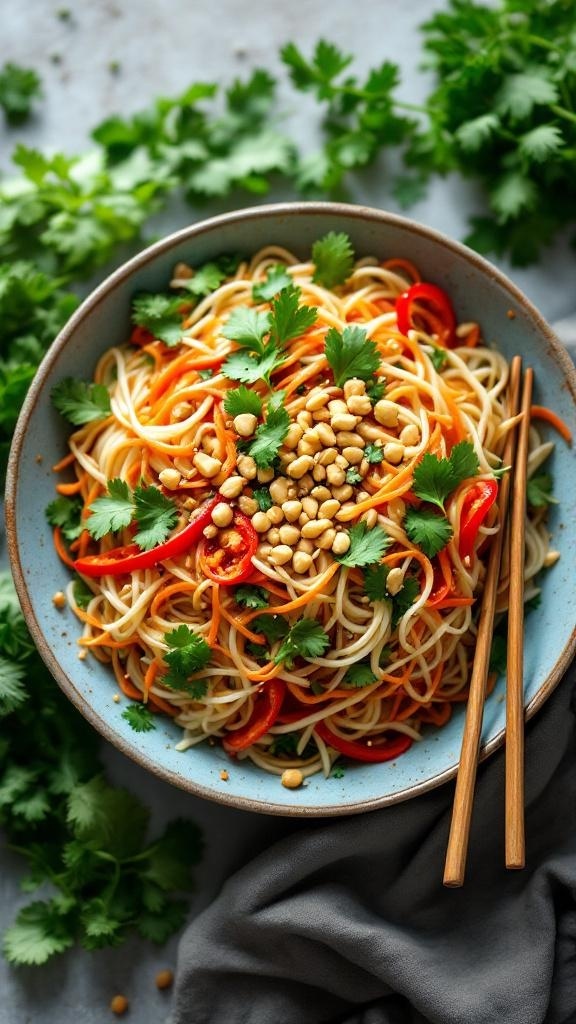 A vibrant Thai noodle salad with colorful vegetables and peanuts, served in a bowl with chopsticks.