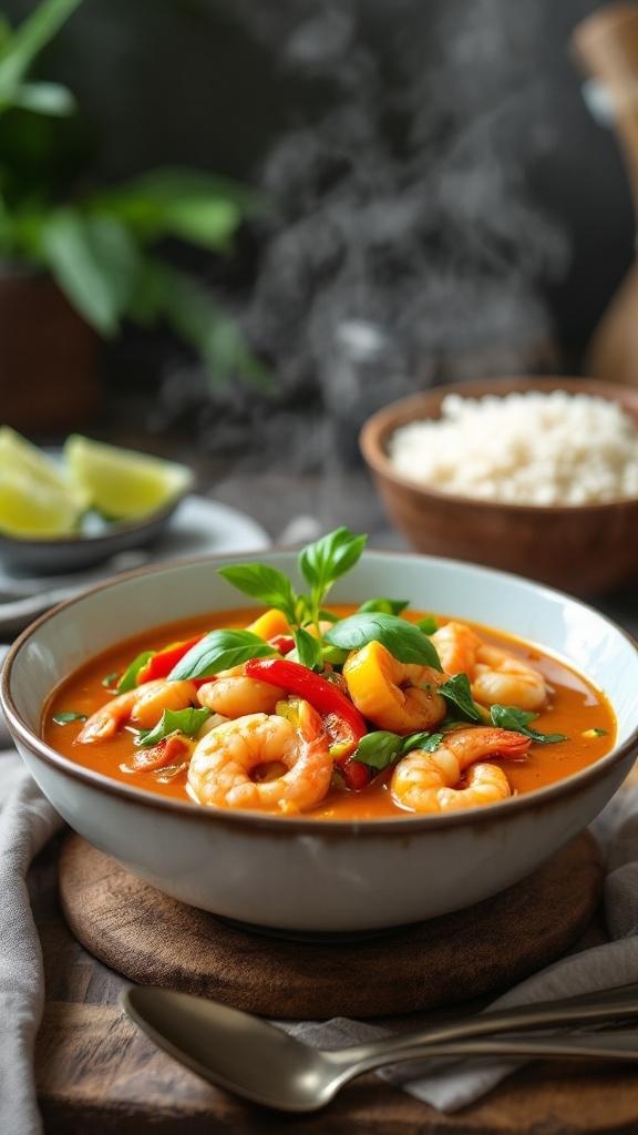 A bowl of Thai shrimp curry with coconut milk, garnished with fresh basil and served with rice.