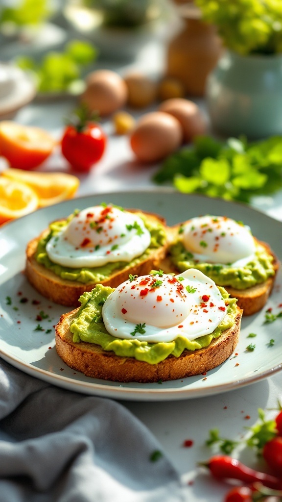 Avocado egg toast with poached eggs on sourdough bread, garnished with herbs and red pepper flakes.