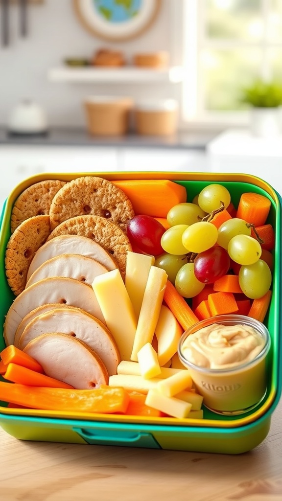 A lunchbox with whole grain crackers, turkey, cheese, fruits, and veggies for a healthy homemade lunch.