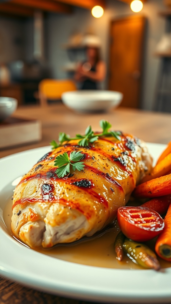Juicy oven baked chicken breast on a plate, garnished with parsley and served with roasted vegetables.