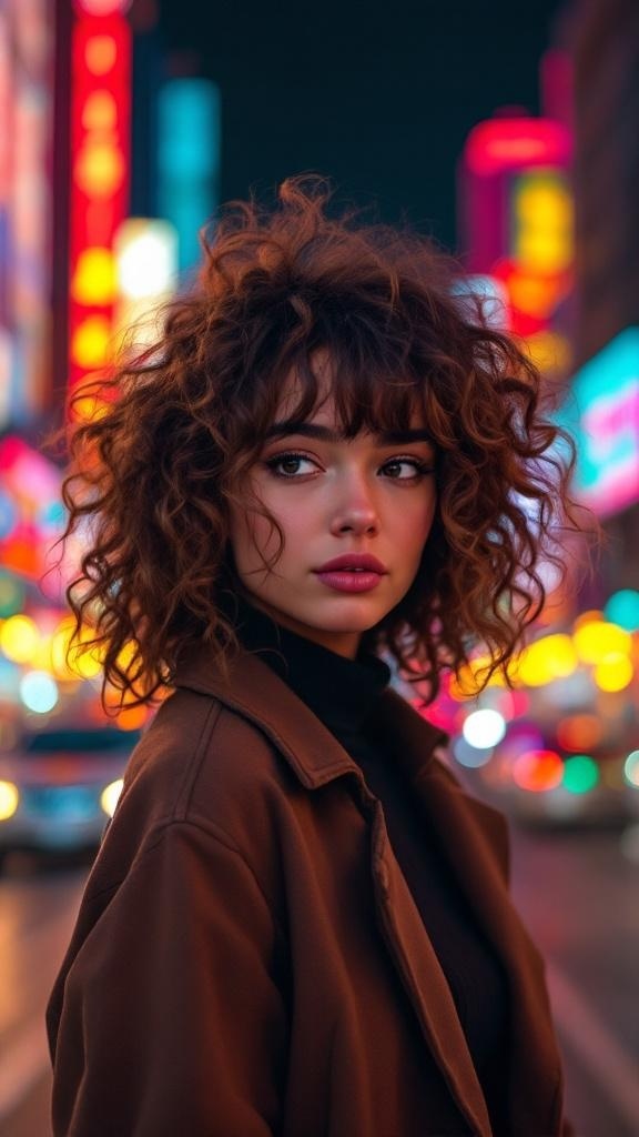 A young woman with thick curly hair and bangs, standing in a vibrant city at night with colorful lights in the background.