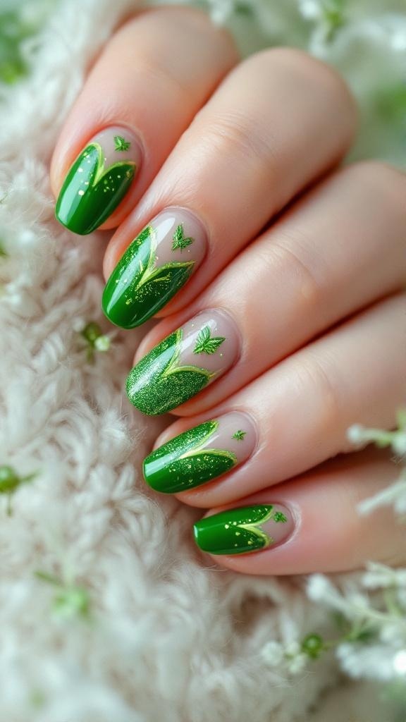 Nails painted in green with glitter and leaf designs, inspired by Tinkerbell.