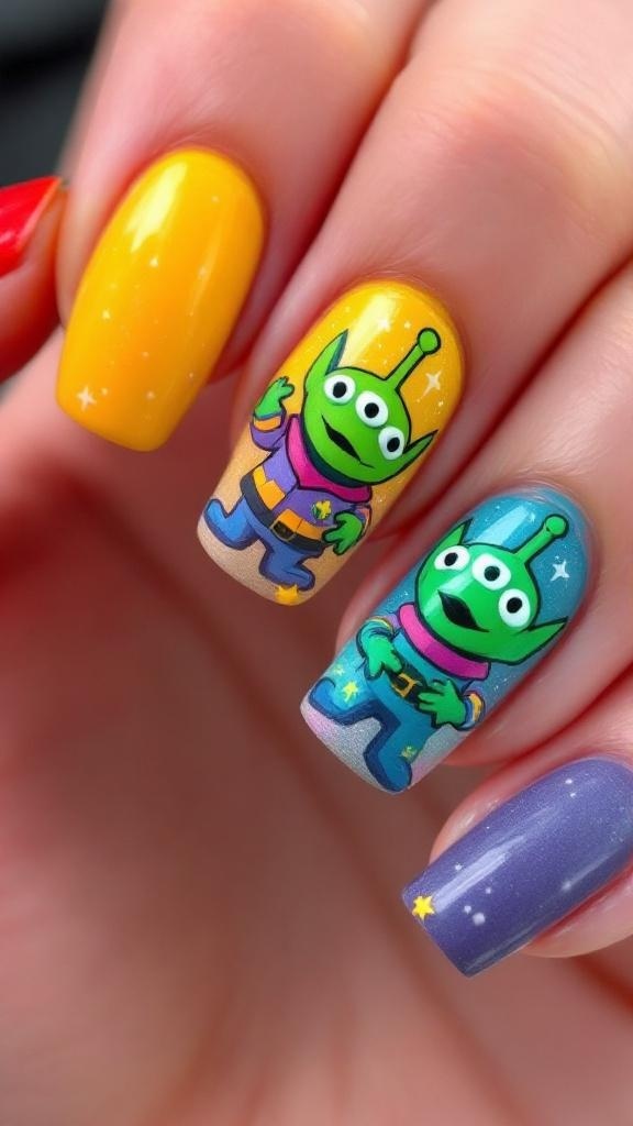 Nail art featuring Toy Story aliens with bright colors and sparkly accents.