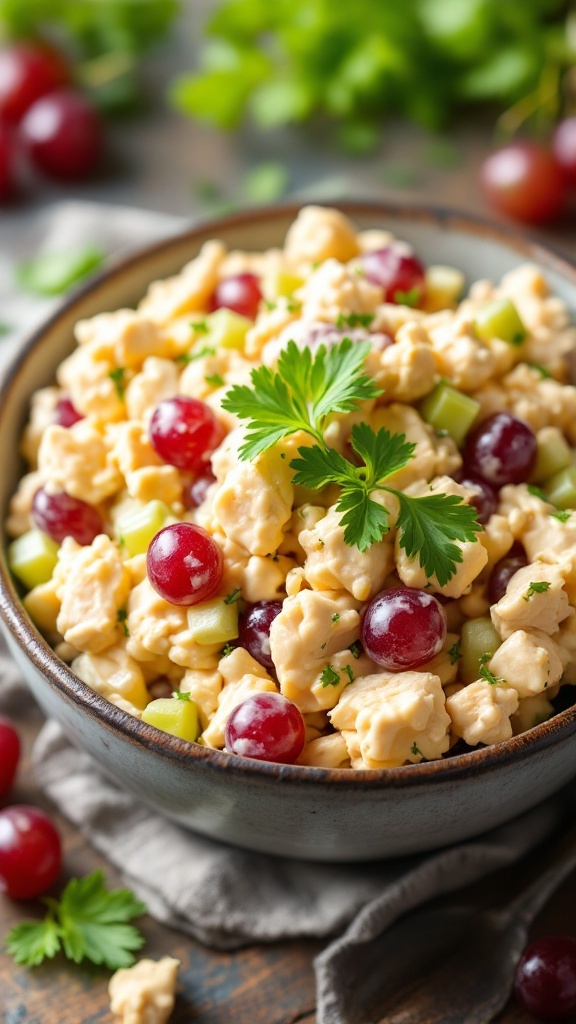 A bowl of traditional chicken salad with grapes and celery