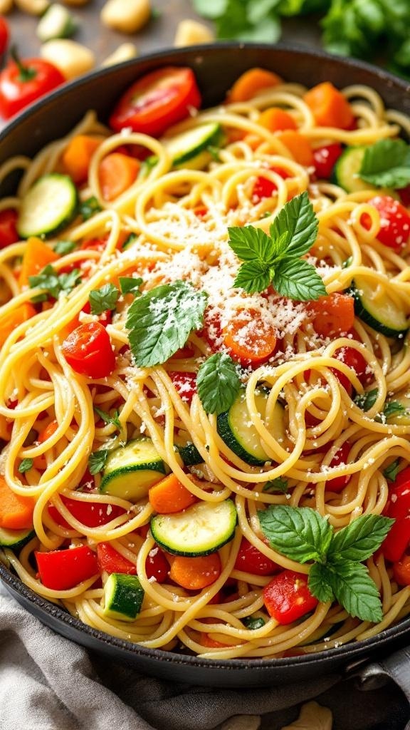 A colorful bowl of traditional Italian Pasta Primavera with fresh vegetables and herbs.