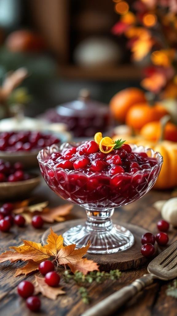 A bowl of traditional cranberry sauce with a twist, garnished with orange peel and surrounded by autumn leaves and pumpkins.