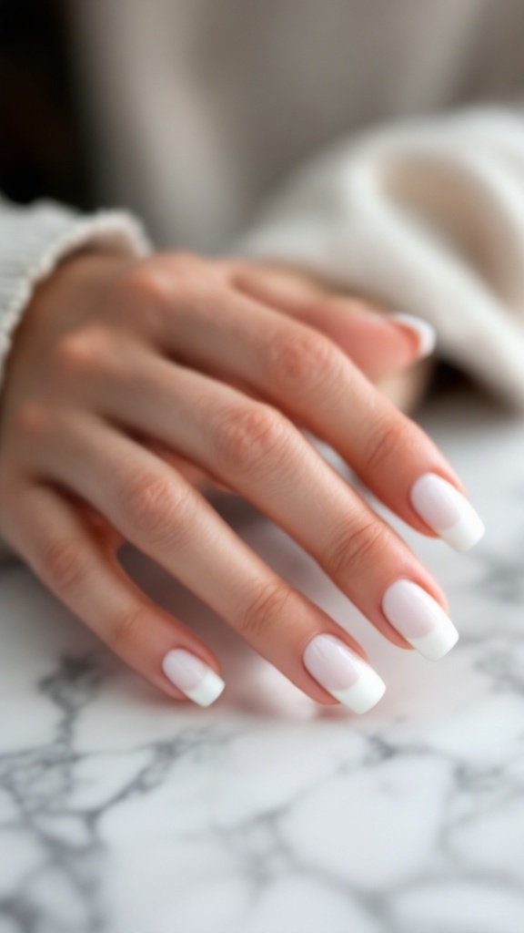 Traditional white French tip nails on a marble surface