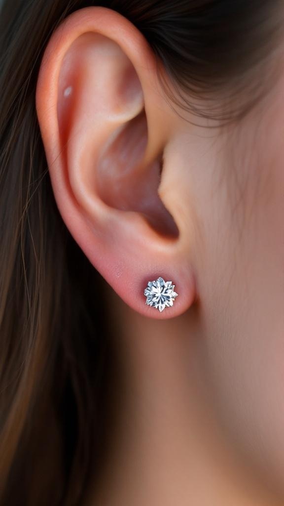 Close-up of a tragus piercing with a gemstone stud