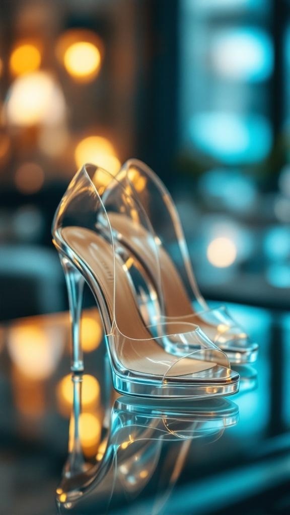 A close-up of transparent high heels with a sparkling effect, showcasing modern fashion.