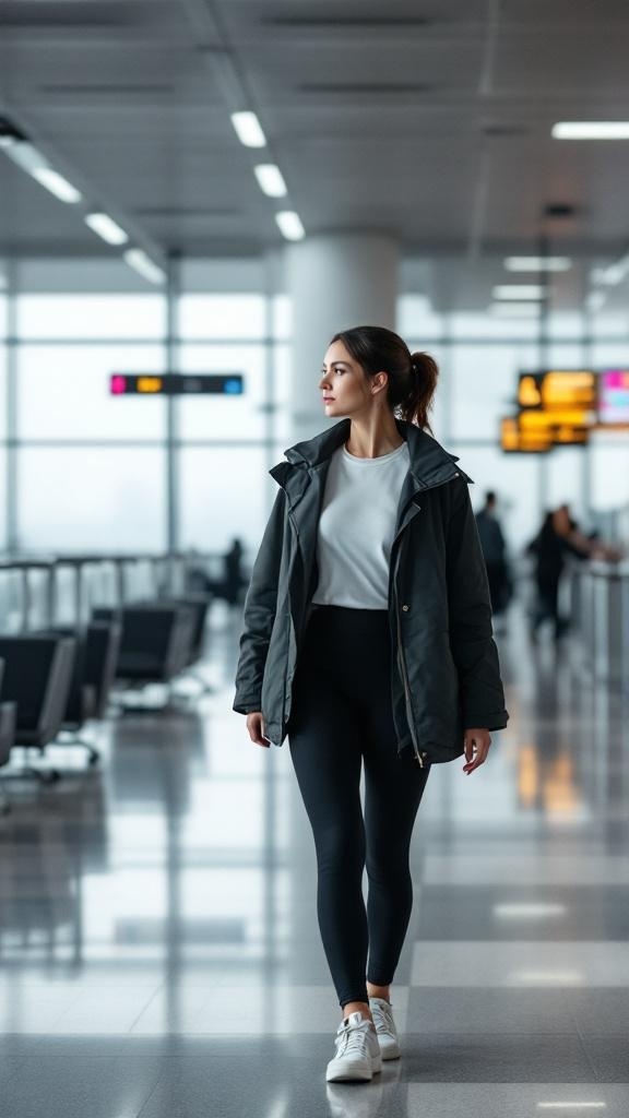 A woman in a stylish travel outfit, wearing black leggings and a jacket, walking through an airport.