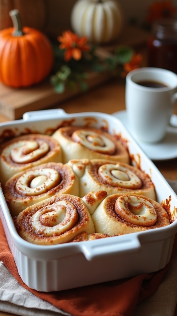 A cozy cinnamon roll casserole in a white dish, surrounded by fall decorations including pumpkins and flowers, with a cup of coffee nearby.