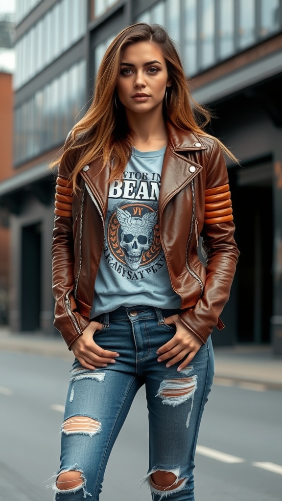 A stylish individual wearing a brown leather jacket over a black graphic tee, paired with distressed jeans and sunglasses.