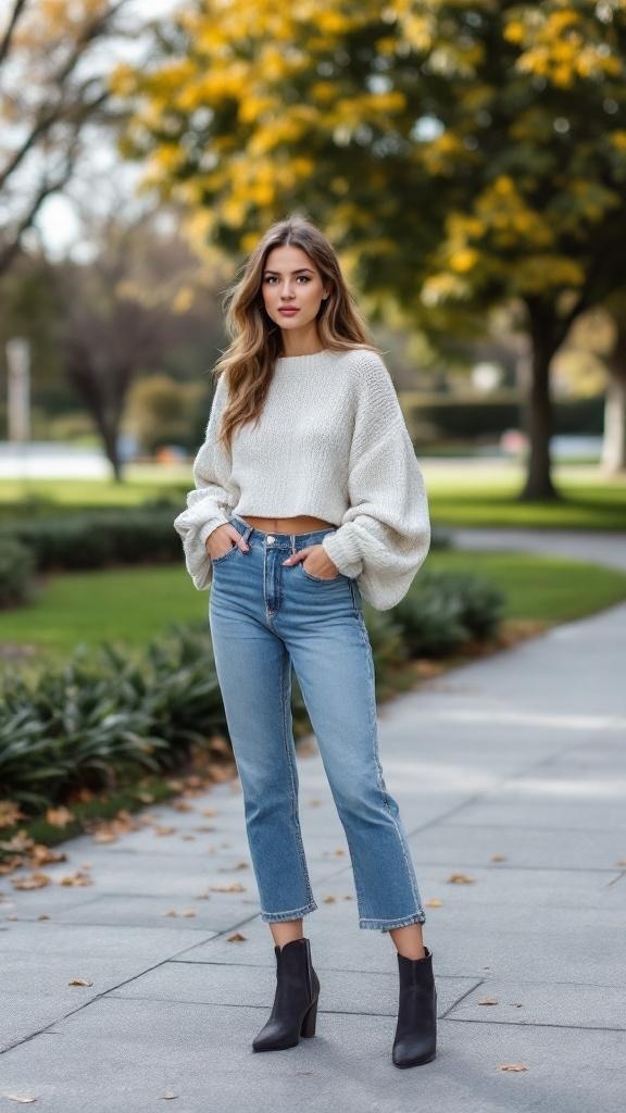 A woman wearing a cozy oversized sweater and cropped jeans, paired with black ankle boots, standing in a park during fall.