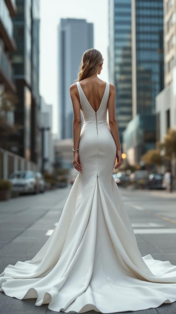 A model wearing a modern wedding jumpsuit with a detachable train, showcasing a sleek design and V-back in an urban setting.