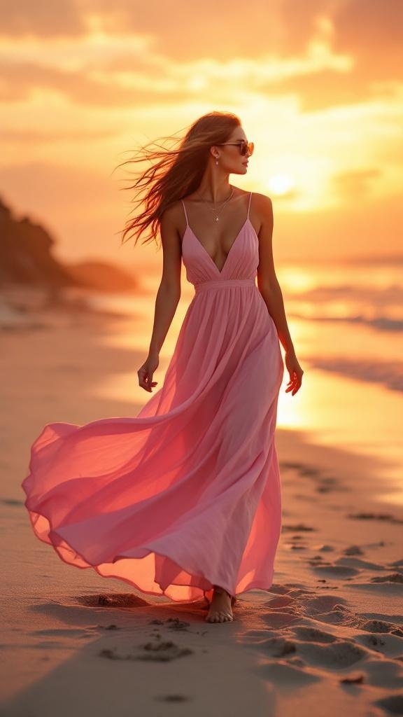 A woman in a pink maxi dress walking on the beach during sunset