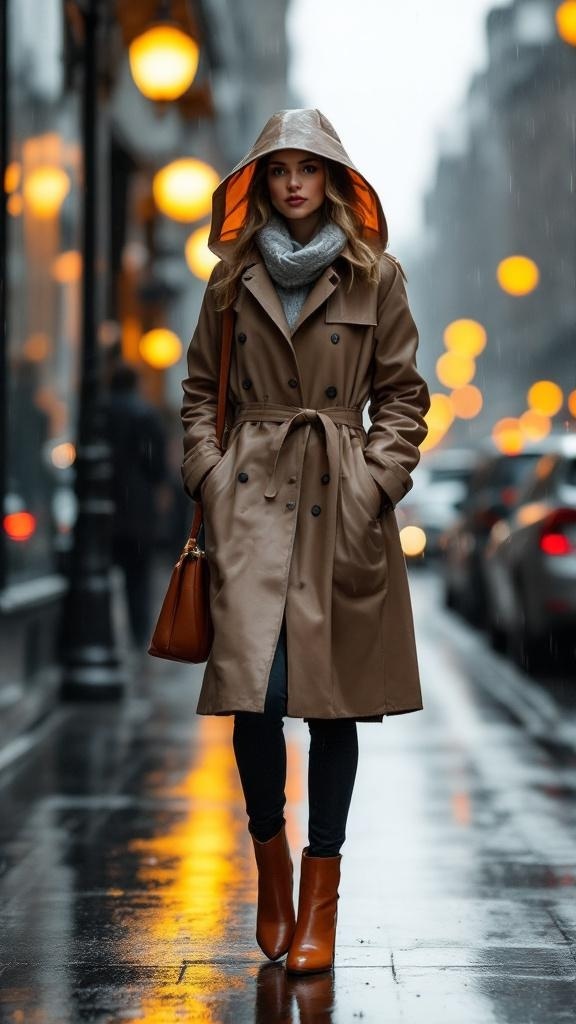 A person wearing a yellow raincoat and black ankle boots, standing on a rainy street.