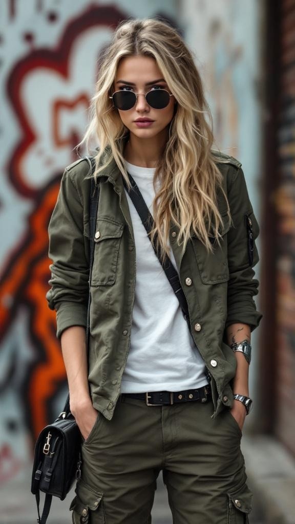 A model wearing a trendy utility jacket with cargo pants and white sneakers.