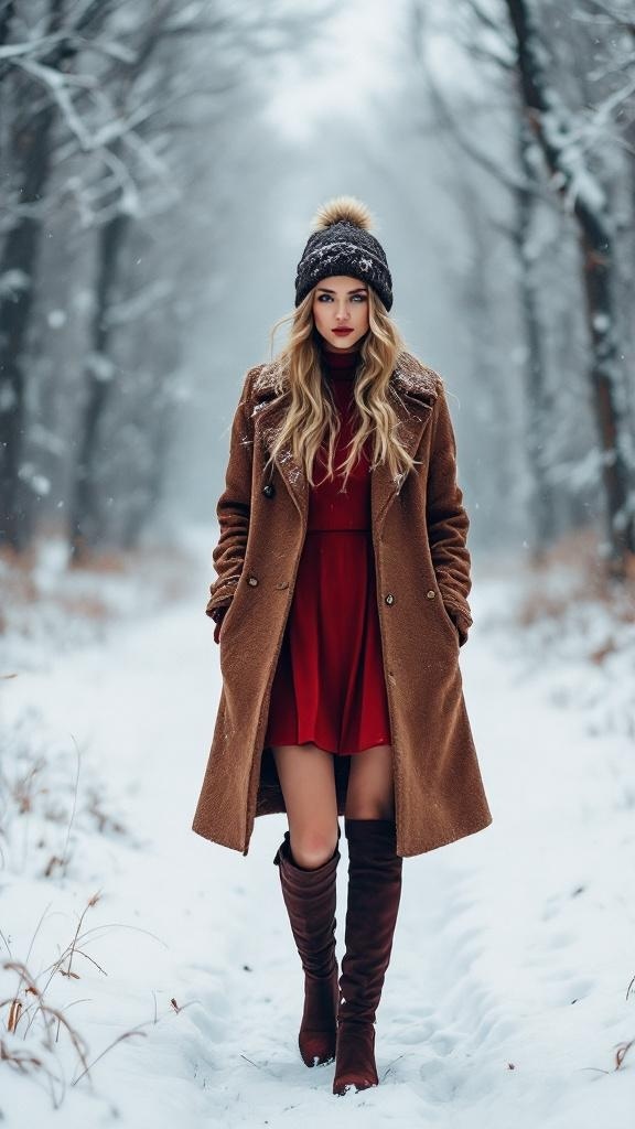 A woman in a red dress and brown coat standing in a snowy forest