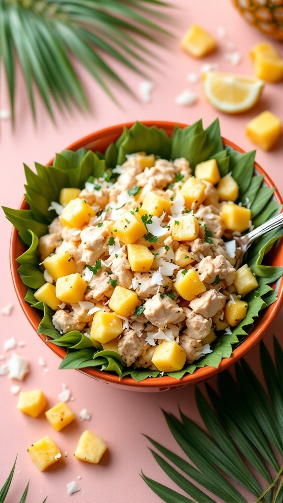 A vibrant Tropical Chicken Salad with Pineapple, featuring tender chicken, pineapple chunks, and a creamy dressing.