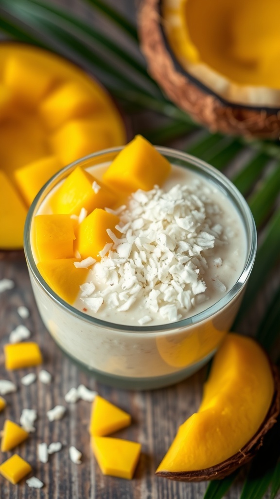 A bowl of Tropical Coconut Mango Overnight Oats topped with fresh mango and coconut flakes.