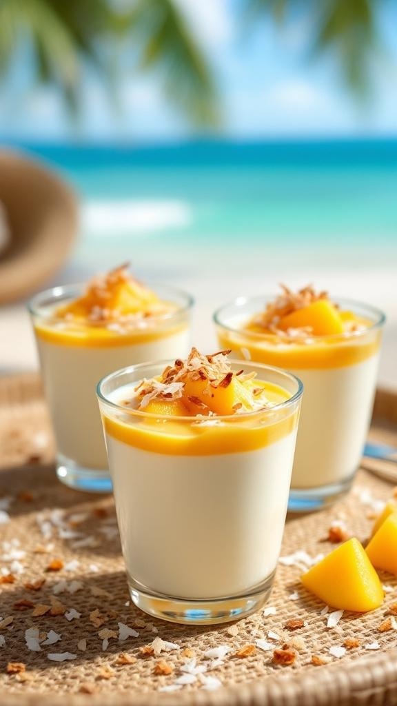 Three glasses of tropical coconut panna cotta topped with mango and coconut flakes, set against a beach background.