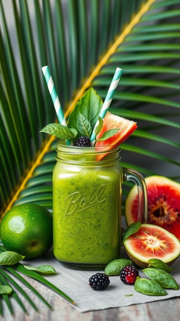 A vibrant green smoothie in a mason jar with mint leaves and tropical fruits.