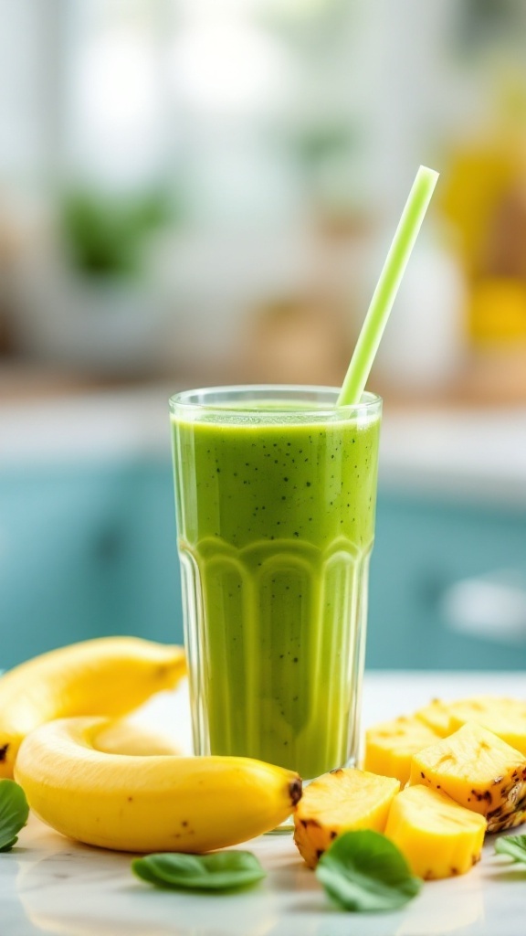 Tropical Green Protein Smoothie with bananas and pineapple.