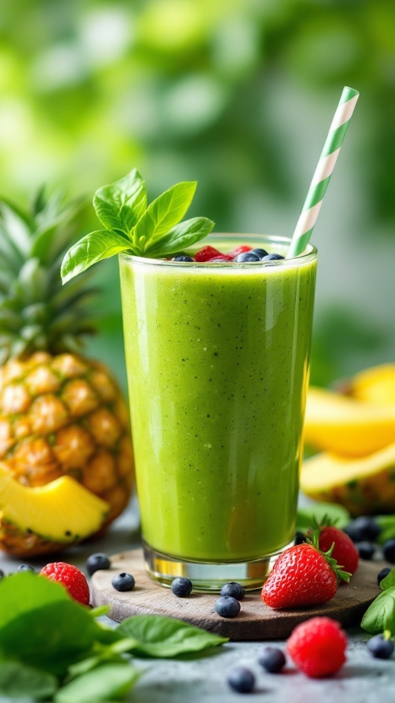 A refreshing green smoothie in a glass with fruits and greenery.