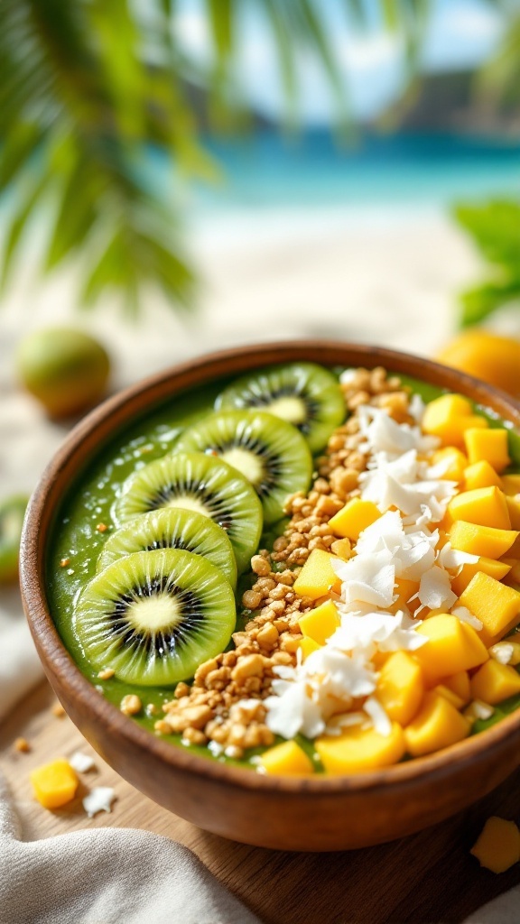 A tropical green smoothie bowl topped with kiwi, mango, granola, and coconut.