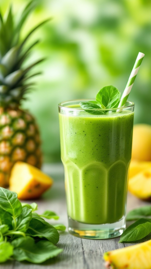 A glass of Tropical Green Smoothie with spinach and pineapple, garnished with a mint leaf.