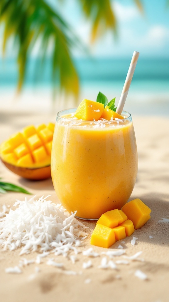 Tropical Mango and Coconut Smoothie with mango pieces and shredded coconut