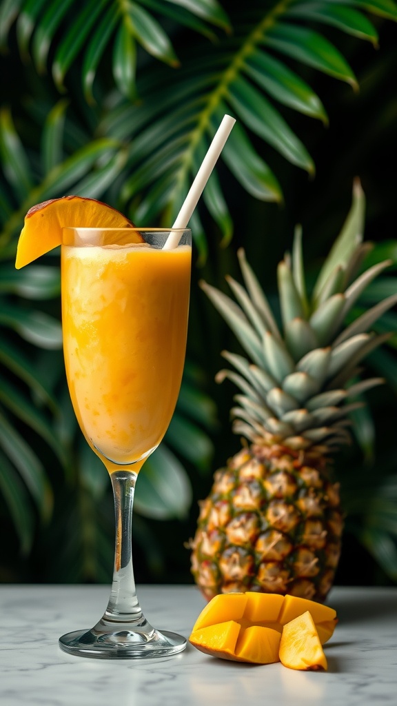 Tropical mango and pineapple smoothie in a glass with fresh fruit