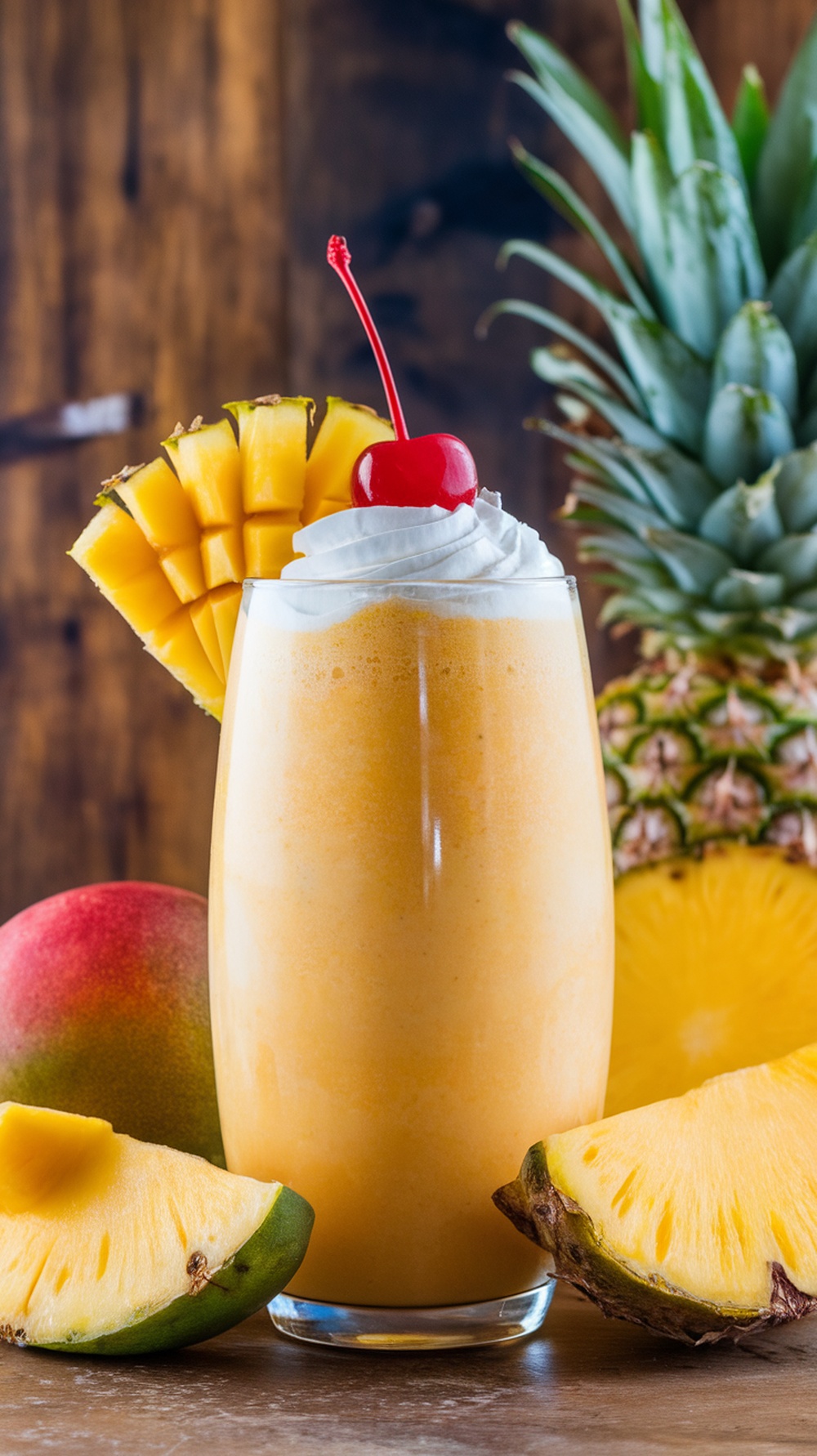 A refreshing tropical mango and pineapple smoothie topped with whipped cream and a cherry.