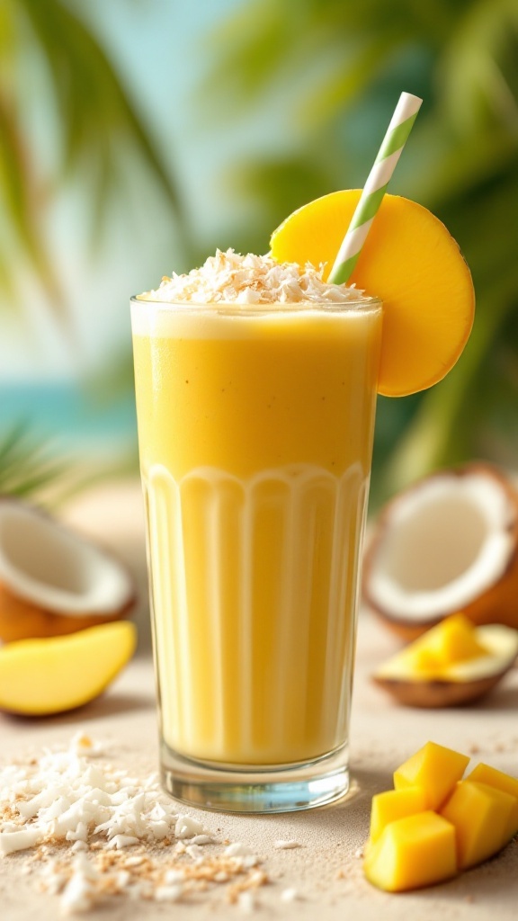 A vibrant tropical mango coconut protein shake topped with coconut flakes and a slice of mango.