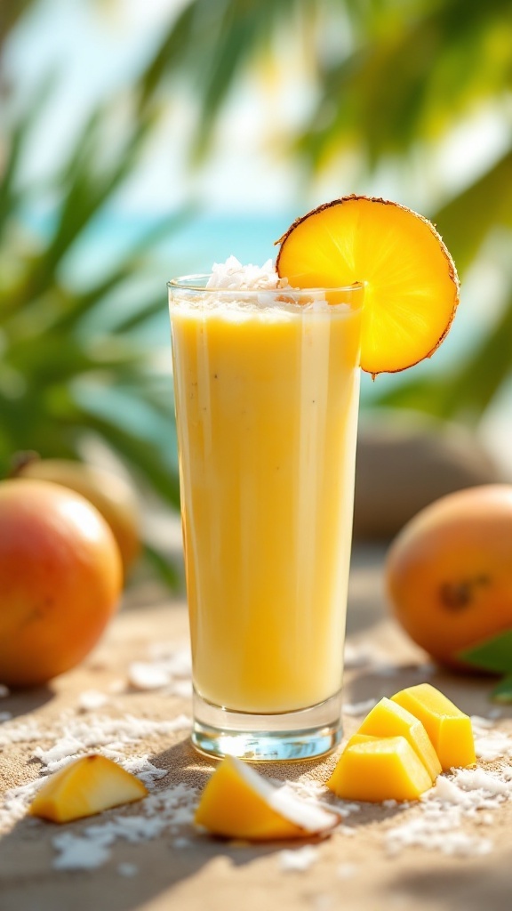 A glass of Tropical Mango Coconut Shake with mango slices and shredded coconut in the background.