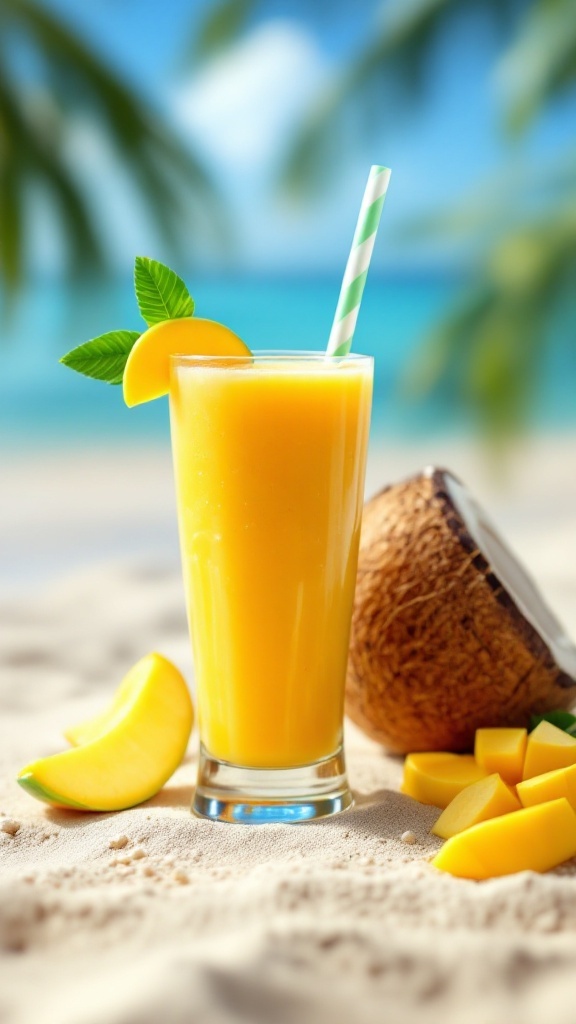 A refreshing Tropical Mango Coconut Smoothie served in a glass, garnished with a slice of mango and mint.
