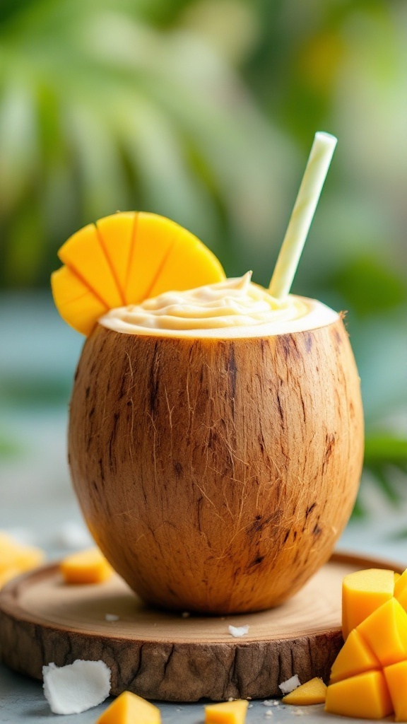 Tropical Mango Coconut Smoothie served in a coconut shell with mango slices on top.