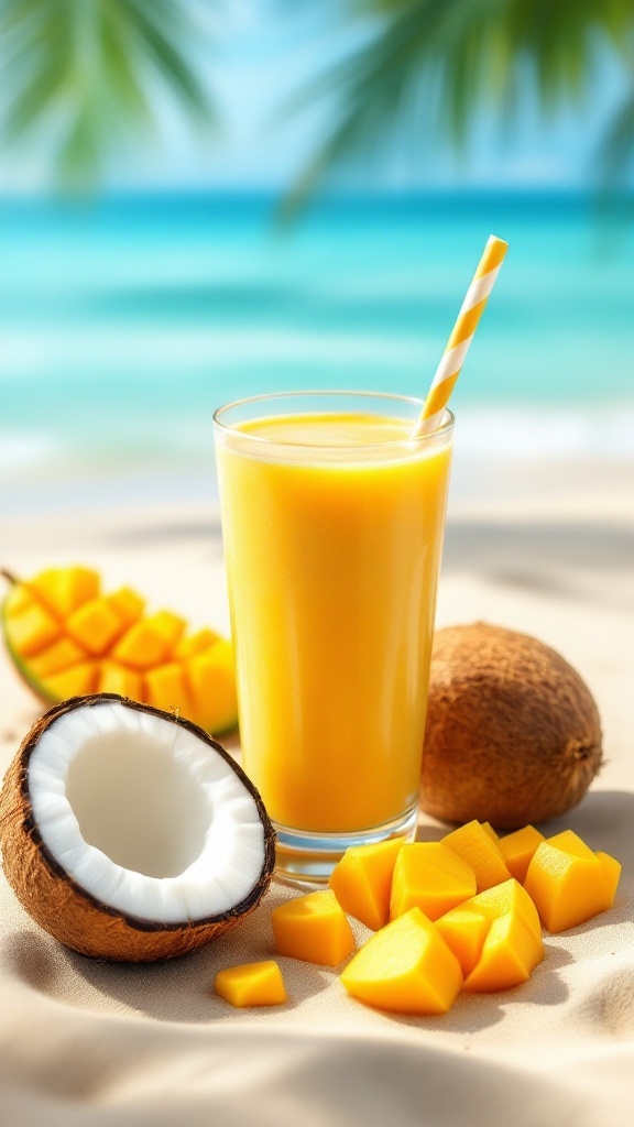 A refreshing Tropical Mango Coconut Smoothie in a glass with fresh mango and coconut around it.