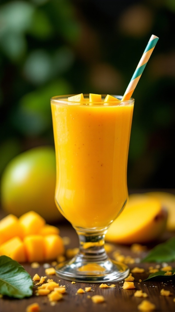 A tropical mango smoothie in a glass with a striped straw, surrounded by fresh mango pieces