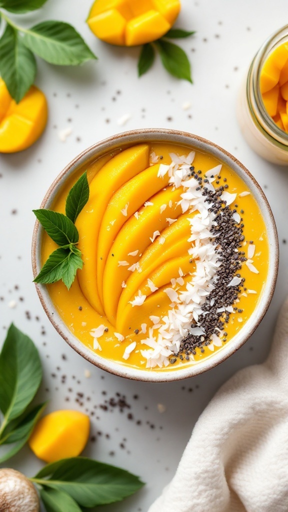 A vibrant mango smoothie bowl topped with sliced mango, chia seeds, and shredded coconut.