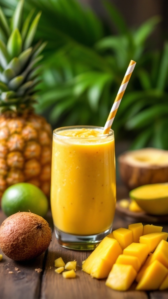 A refreshing smoothie made with mango and pineapple, served in a glass with a striped straw, surrounded by fresh fruits.