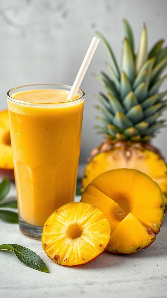 Tropical mango and pineapple smoothie in a glass with fresh pineapple slices